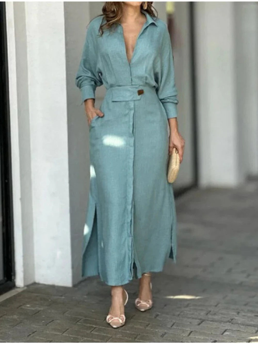 Plus Size 2023 Autumn Women Dress White Casual V Neck Lapel Long Sleeve Dress W