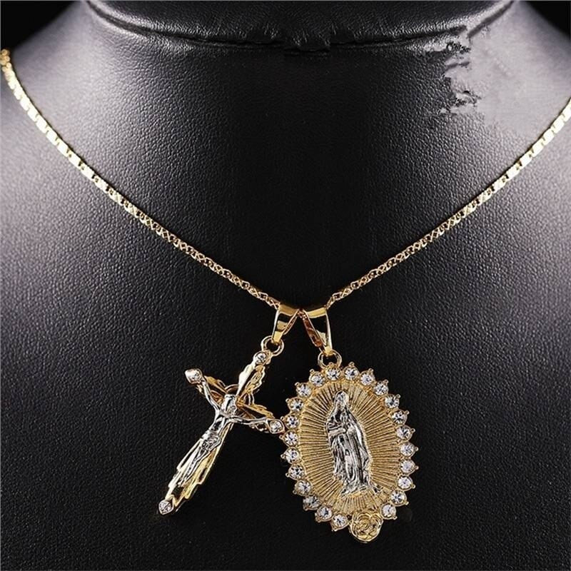 Thumbnail: Christian Jesus Crucifix Men Necklace Gold Plated Cross Religious Pendant Neckl
