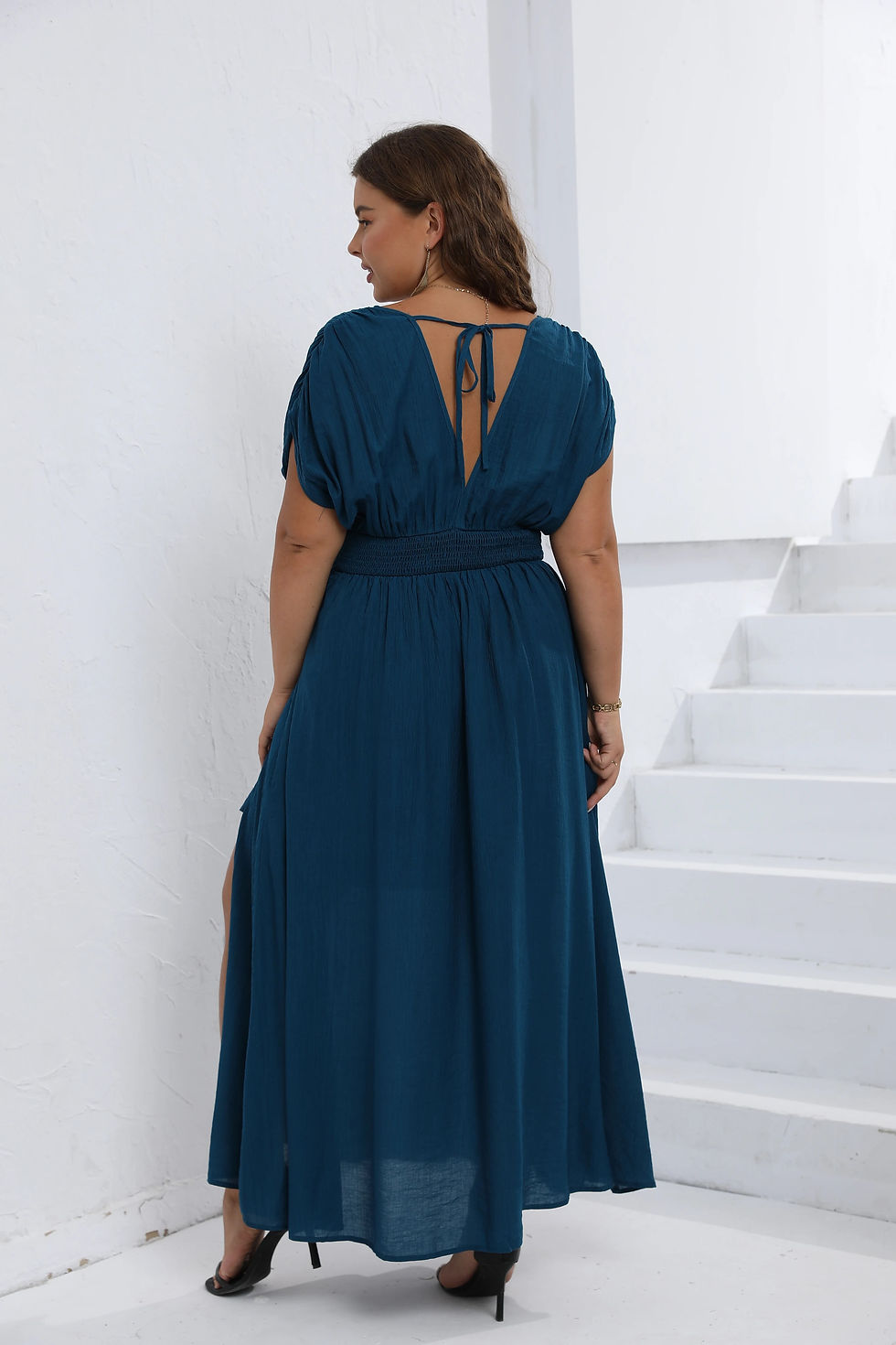 Thumbnail: Europe and the United States  summer solid color V-neck elastic waist slimming