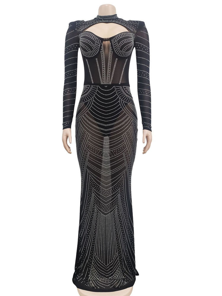 Thumbnail: Beyprern Beautiful Corset Crystal Long Maxi Dress Sparkle Cut-Out Black Rhinest