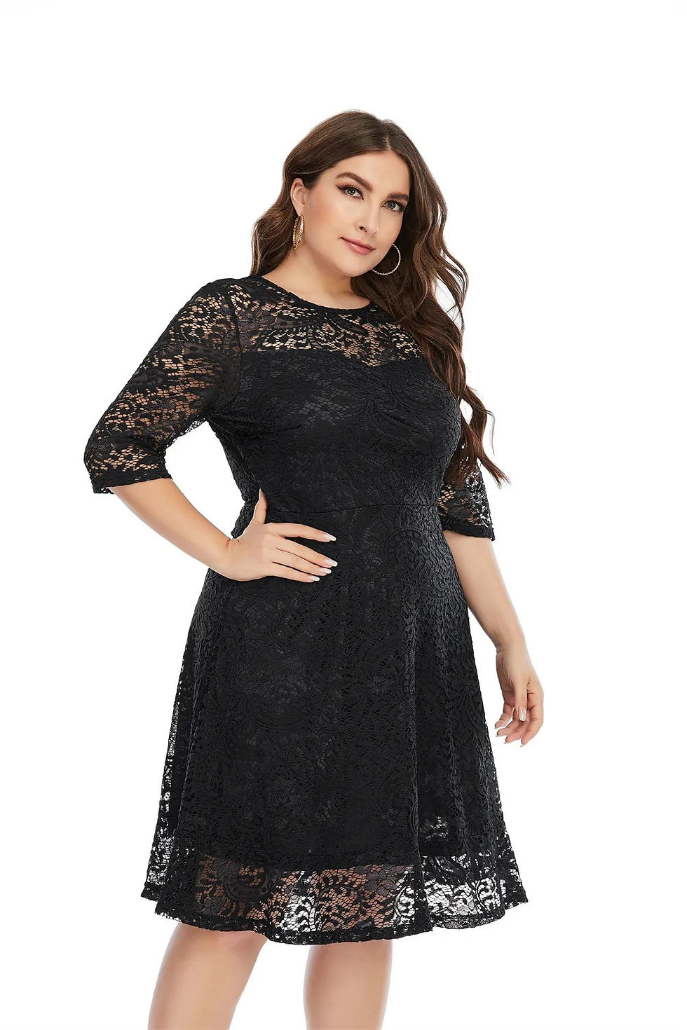Thumbnail: Plus Size Contrast Lace Semi Sheer 3/4 Sleeve Midi Dress, Women's Plus Slight S