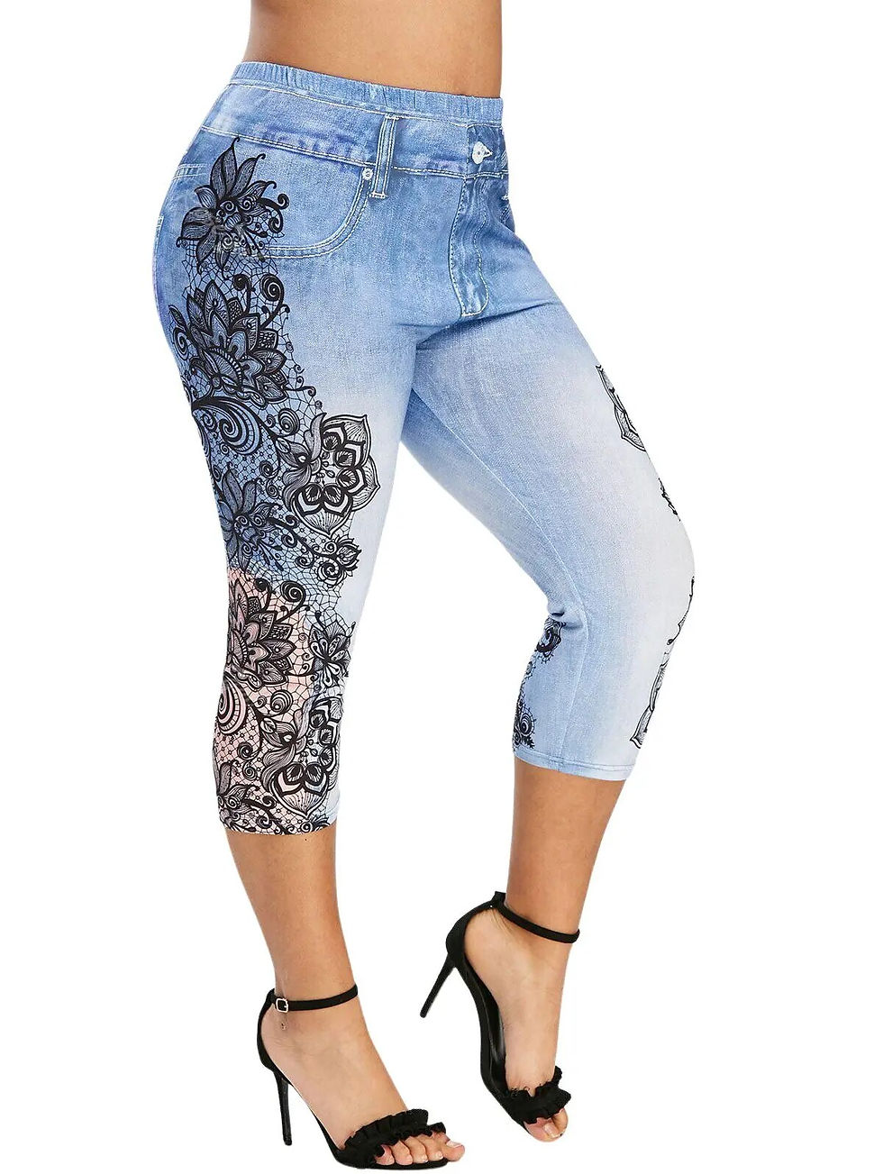 Thumbnail: Plus Size Faux Denim Printed Basics Pants Women Clothing 2023 High Waist Large