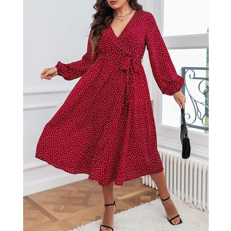 Thumbnail: Autumn Winter Elegant Oversized Polka Dot Plus Size Dress Long Sleeve Design Wa