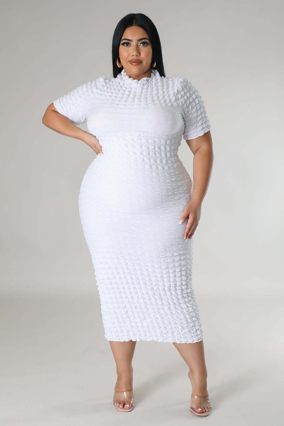 Thumbnail: Perl Plus Size Round Neck Popcorn Bodycon Maxi Dress for Women Casual Slim Summ