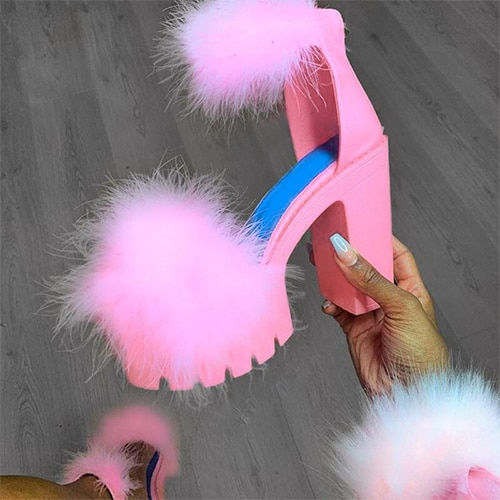 Miniatura: Woman Furry Sandals High Heels with Fur Female Platform Pumps Women Ankle