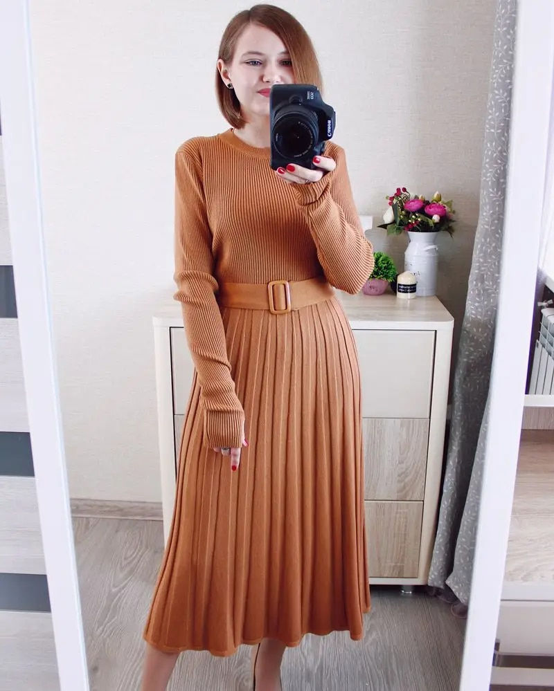 Thumbnail: GIGOGOU Chic Long Knit Women Maxi Sweater Dress O Neck Winter Thick Warm A Line