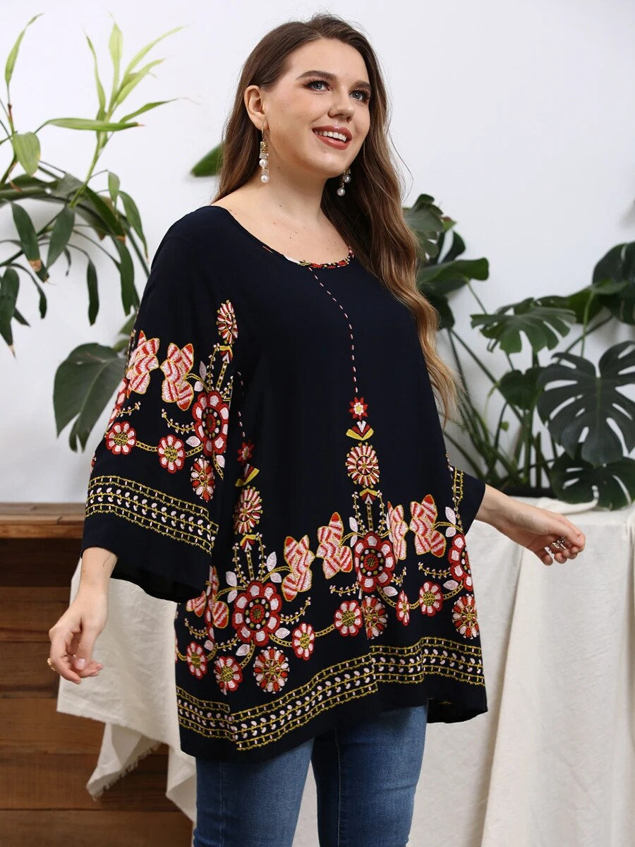 Thumbnail: 5XL Plus Size Blouse Shirt Women 2023 Summer O Neck Long Sleeve Floral Print Ca