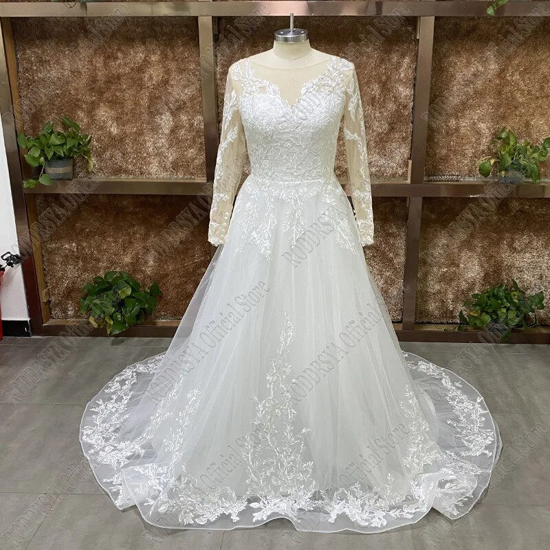 Thumbnail: RODDRSYA Elegant O-Neck Wedding Dresses Lace Up A-Line Appliques Long Sleeves B