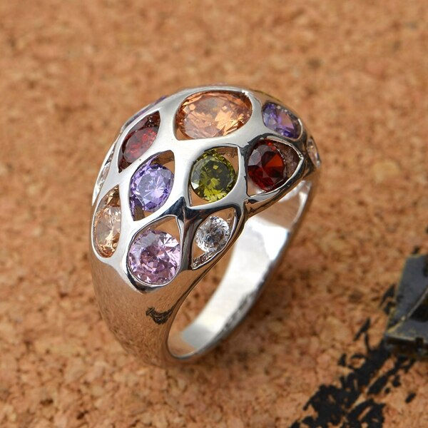 Thumbnail: USA STOCK Uloveido Silver Color Big Rings Women Multicolor Cubic Zirconia