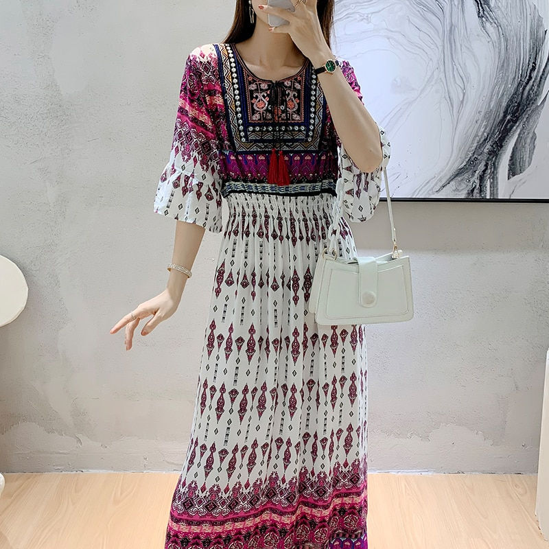 Thumbnail: THHONE Women Dress Indian Loose Bohemian Korean Style Long Tassels Casual  Vint