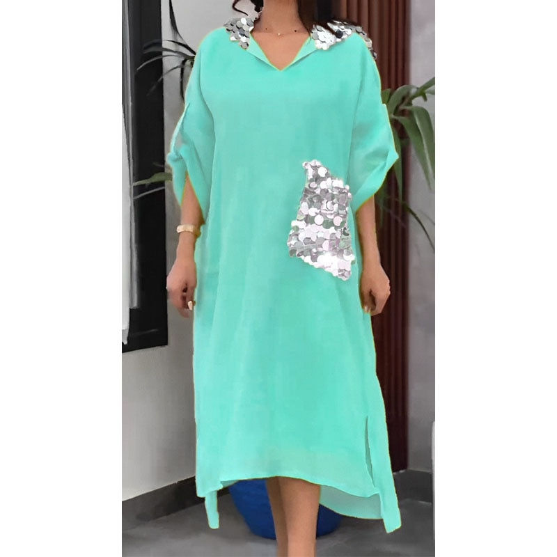 Sīktēls: New Saudi style loose large size women's dress sequin cotton linen fish scale s