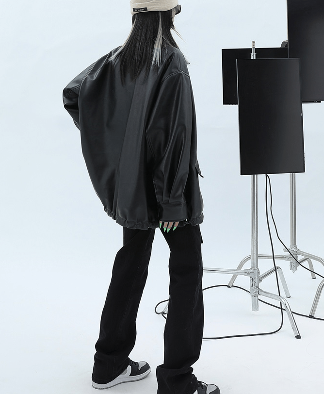 Minijatura: Women's Loose Retro Leather Jacket With Details