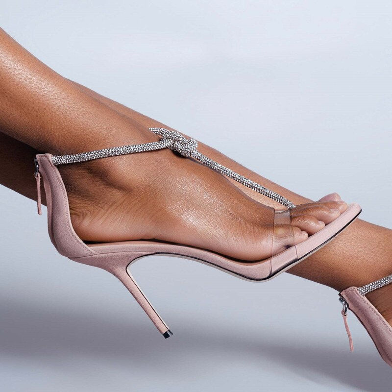 Thumbnail: 2022 Bling Bling Crystal T-bar Strap Women Sandals Peep Toe Cut-out White