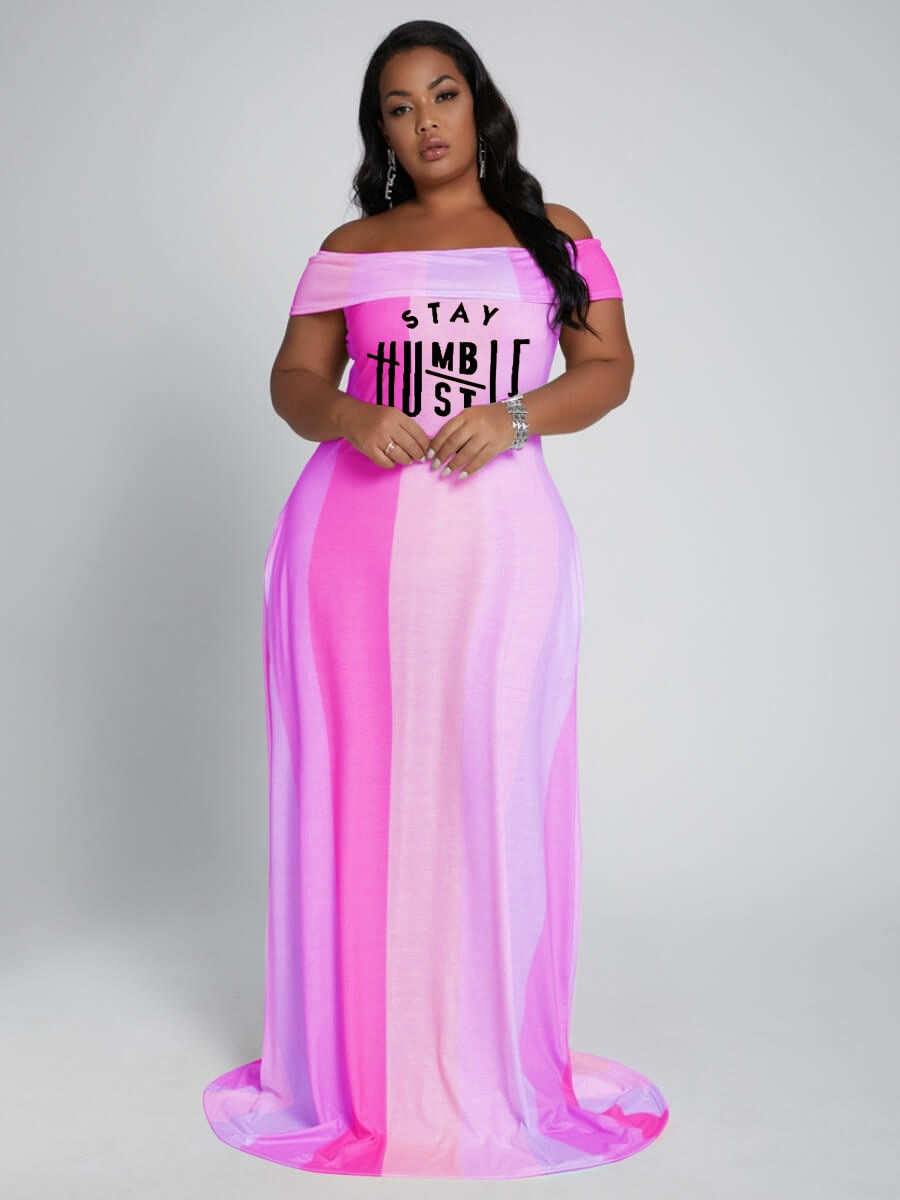 Küçük resim: Perl Plus Size Letter Off The Shoulder Long Dress for Women Casual Contrasting