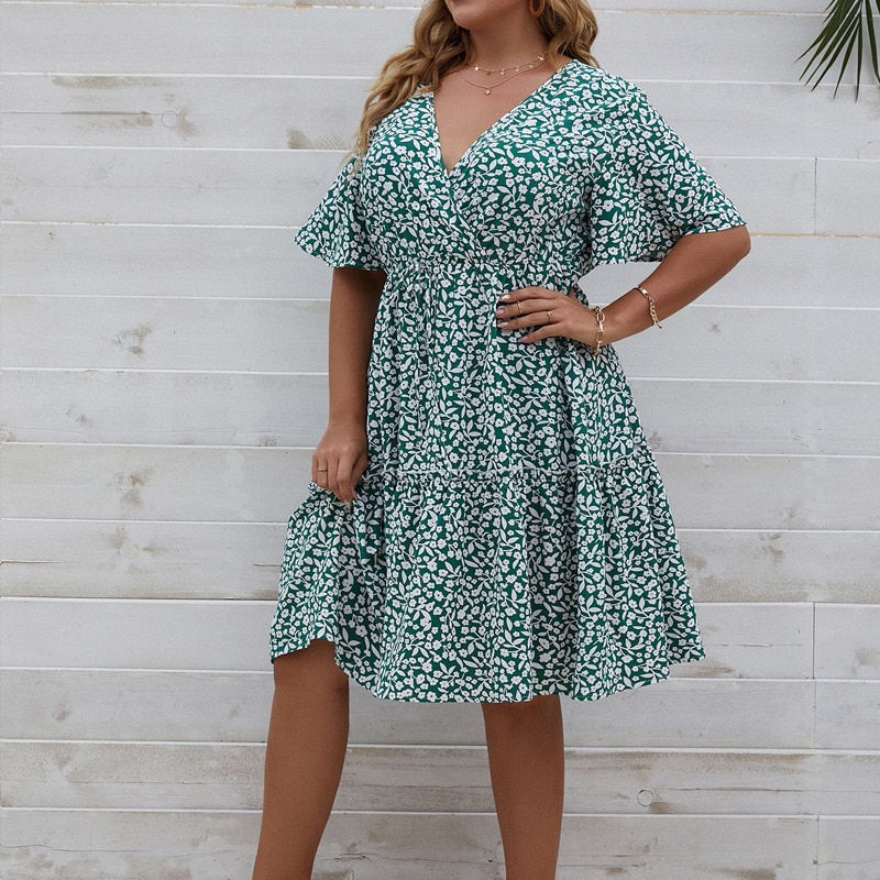Thumbnail: Plus Size Dress Woman 2023 Summer V Neck Short Sleeve Floral Print Casual Midi