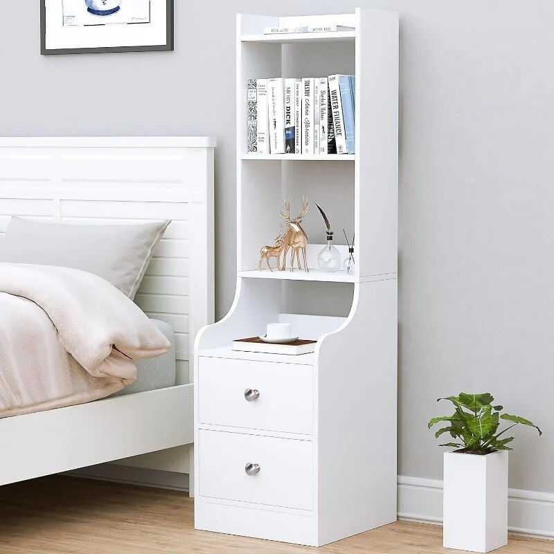 White Night Stand, 55“ Modern Nightstand Bedside Table with 4-Tier Open Shelves