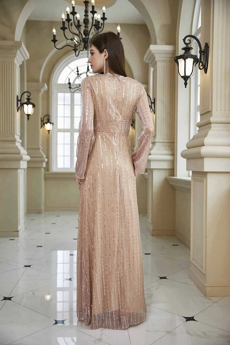 Thumbnail: Autumn Sexy Long Sleeve V Neck Evening Dresses Sequins Formal Party Gowns High