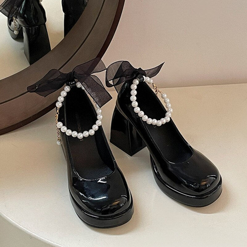 Thumbnail: New Mary Jane Women Pumps Lolita Round Toe Shoes Ladies Thick High Heels Shoes