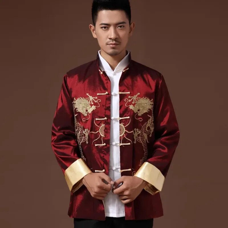 Fashion Chinese Style Men's Embroidered Dragon Shirt Jacket Tang Suit Hanfu Che