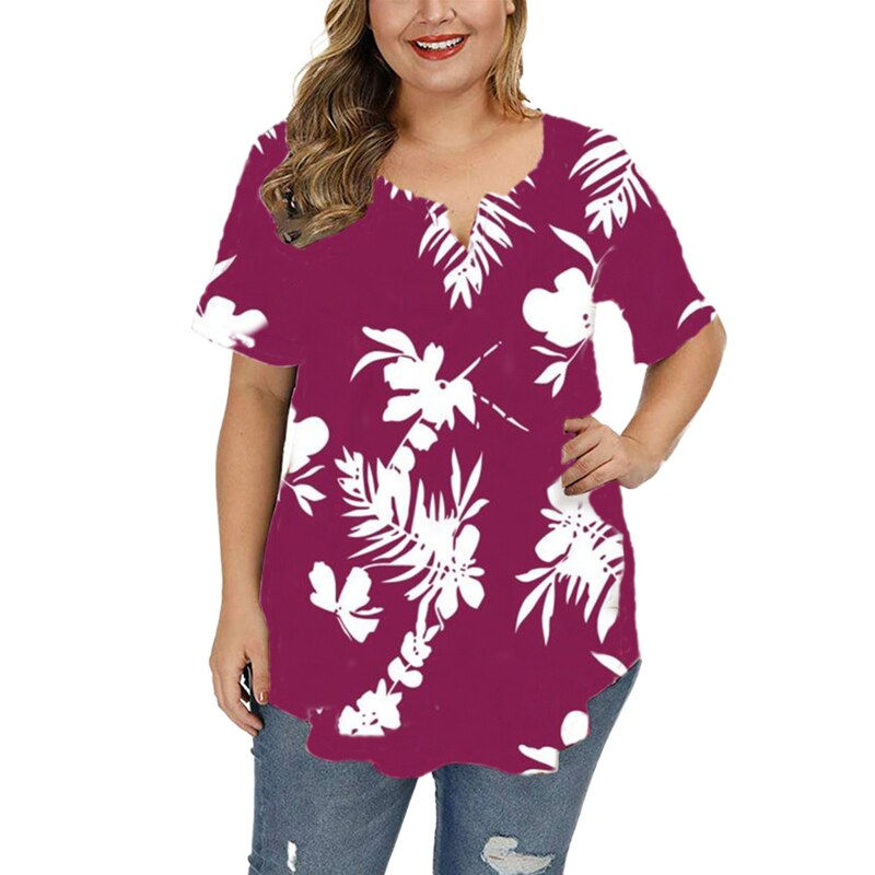 Miniature : 2022 Fashion Women Plus Size Floral Print Tunic Tops Buttoned Pleated Short Sle