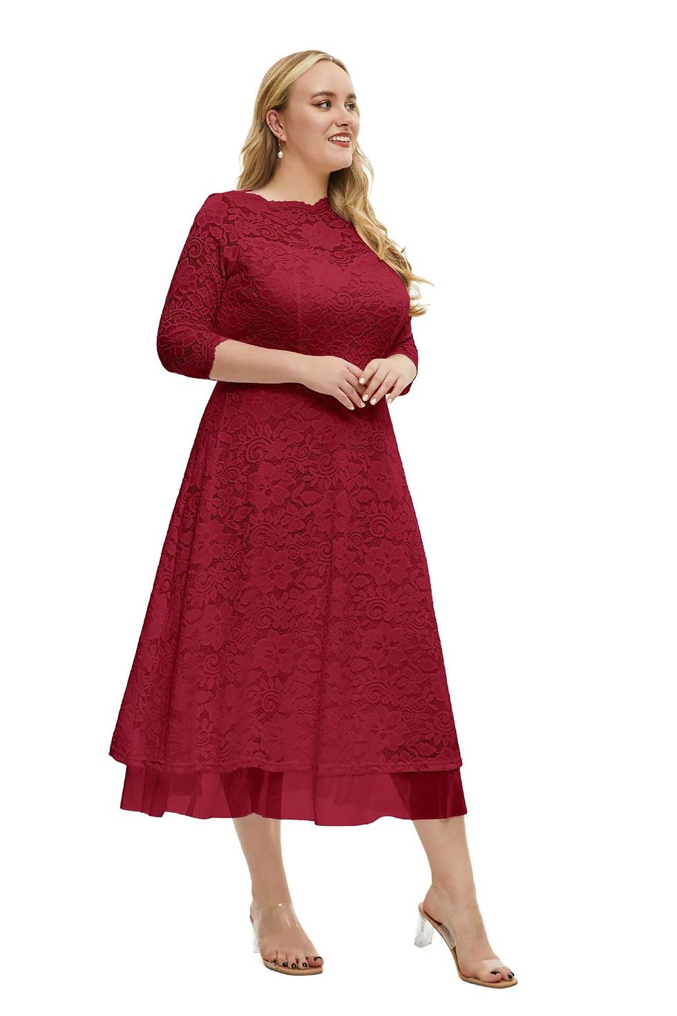 Miniatura: Plus Size Floral Print Contrast Mesh Half Sleeve Party Wedding Dress For Women