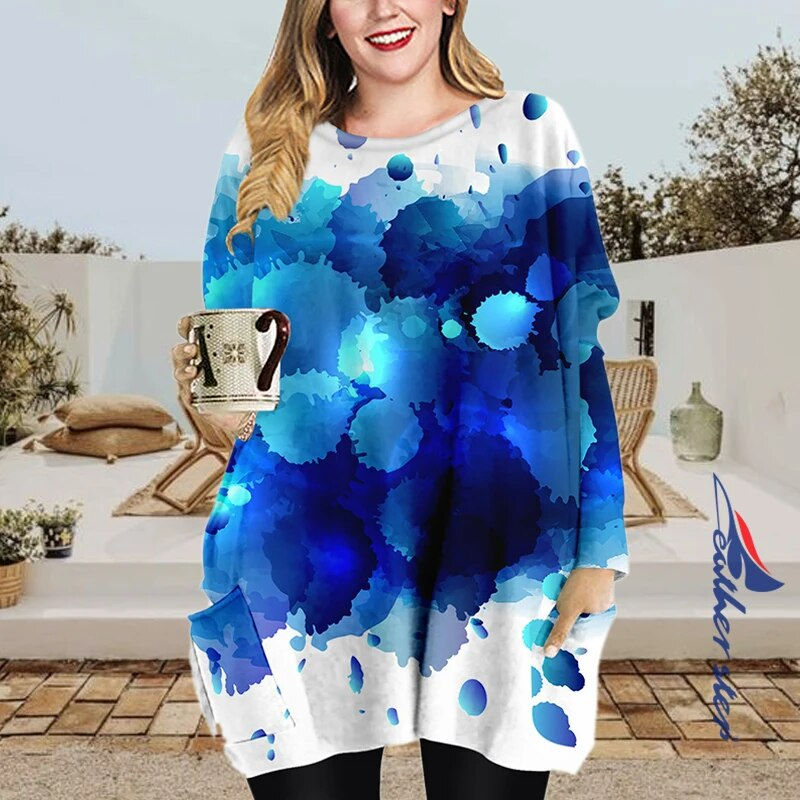 Thumbnail: Round Neck Loose Dress Blue Print Series Plus Size Women's Autumn Winter Long S
