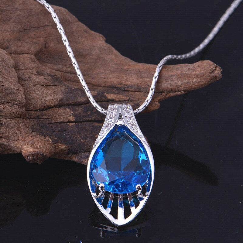 Thumbnail: USA STOCK Uloveido Crystal Pendant Earrings Ring Pear Cut Blue Stones Zirconium
