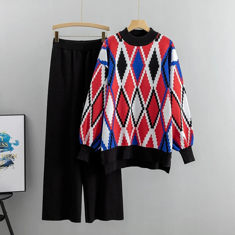 Thumbnail: Loose Knitted Two Piece Women Sets Casual Loungewear Knit Sweater Pants Suit Wi