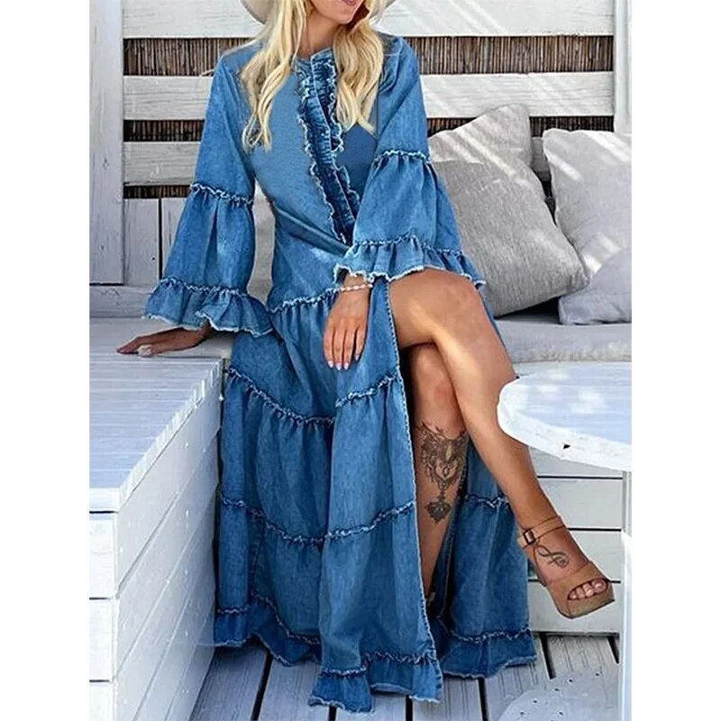 Thumbnail: Plus Size Denim Dress Women Autumn Dress Female Casual Ruffle Split Tiered Maxi