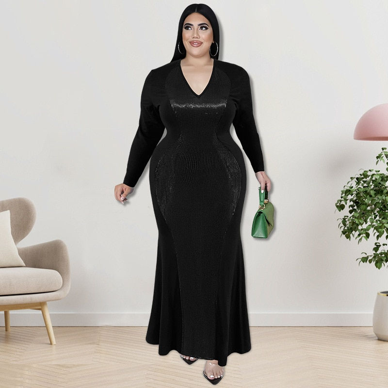 Perl Sequin Patchwork Evening Long Dress Plus Size V-neck Women Clothing Elegan