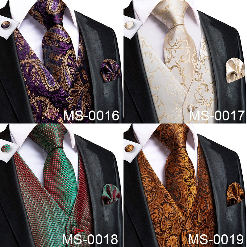 Thumbnail: Hi-Tie 20 Color Silk Men's Vests and Tie Business Formal Dresses Slim Vest 4PC