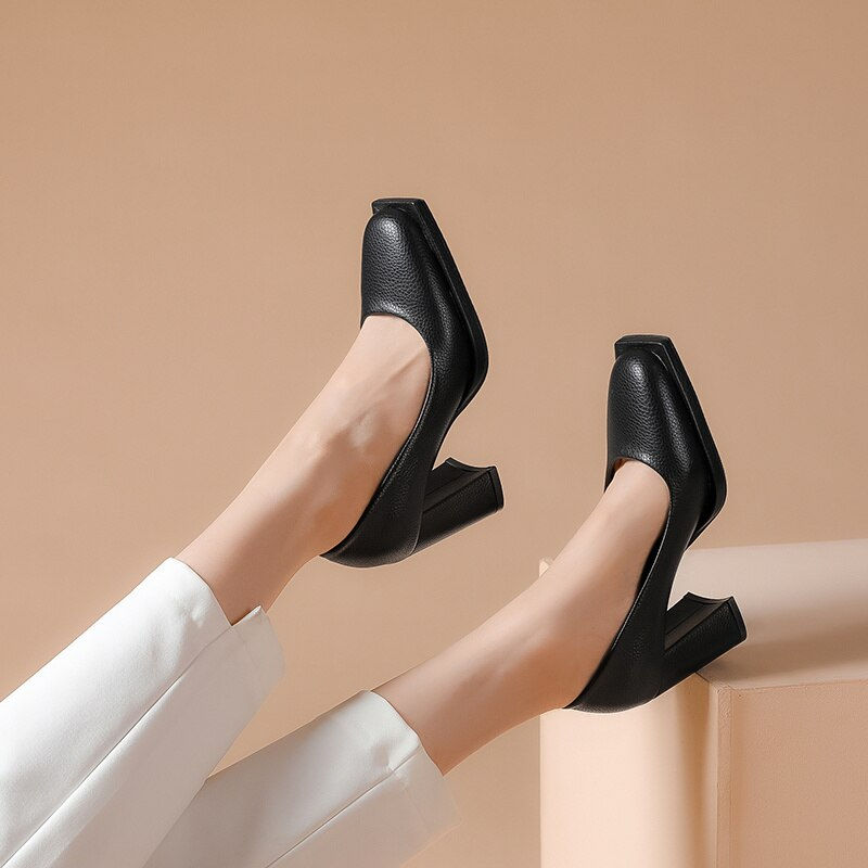 Miniatura: Size 34-39 New Leather Shoes Women's High Heels Party Wedding Shoes Square Toe