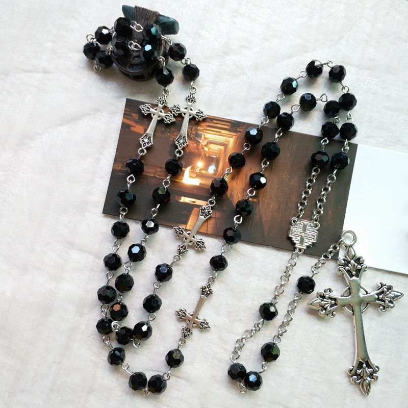 Thumbnail: QIGO Black Crystal Rosary Necklace Long Cross Pendant For Men Women