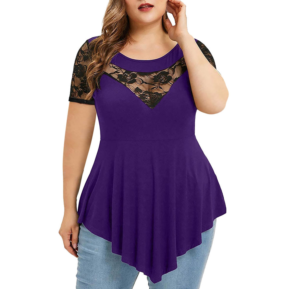 Thumbnail: Elegant Plus Size Lace Tops Women Clothing Solid Floral Lace O-neck Asymmetric