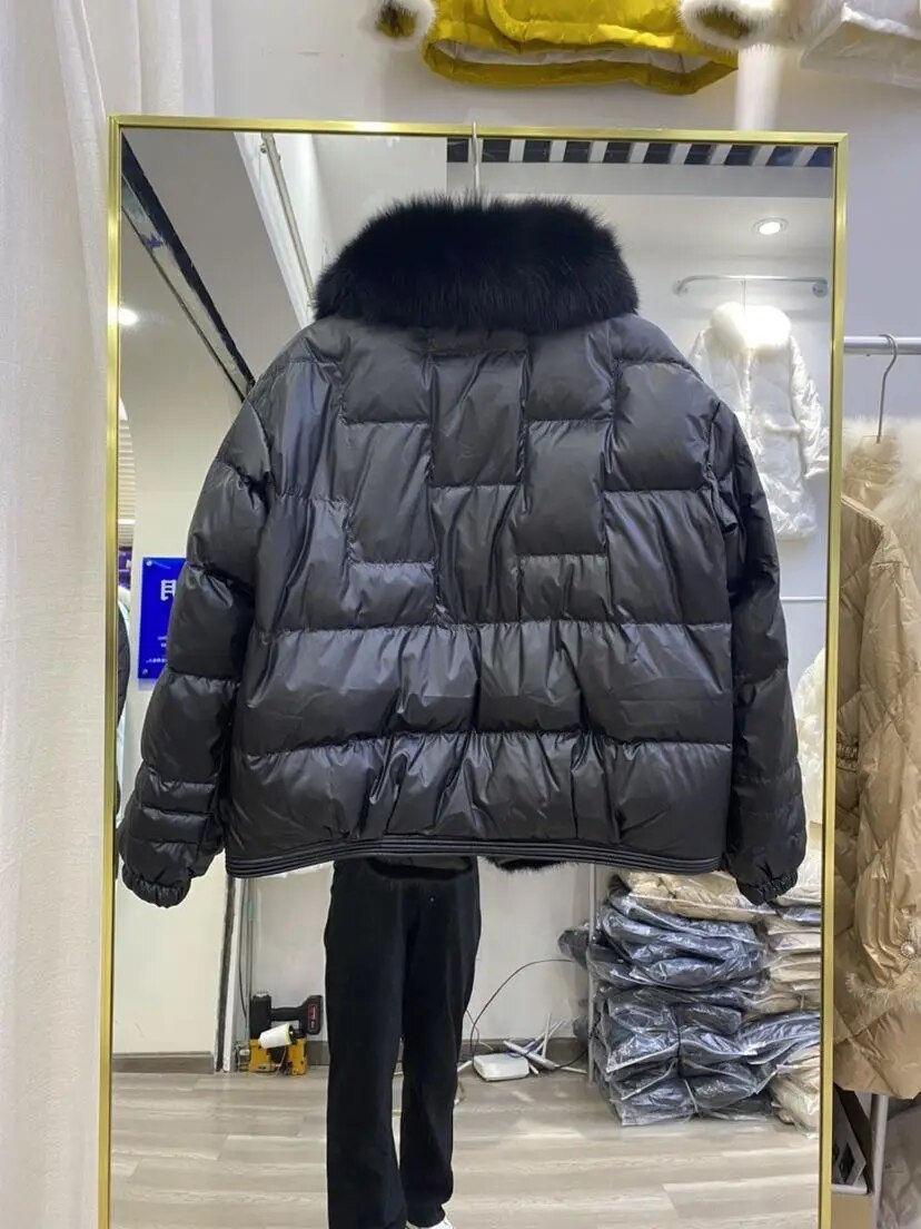 Thumbnail: 2023Real Fox Fur Collar Winter Women White Duck Down Jacket Ladies Short Warm P