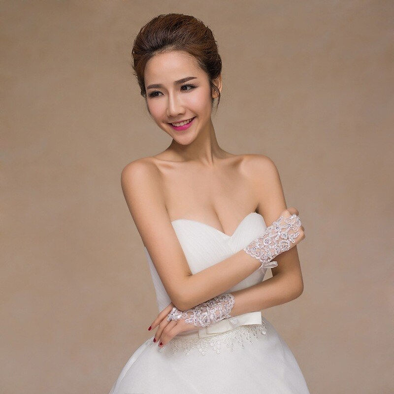 Thumbnail: 1 Pair 2 Styles White/Red/Beige Bridal Gloves Elegant Short Paragraph Rhinestone