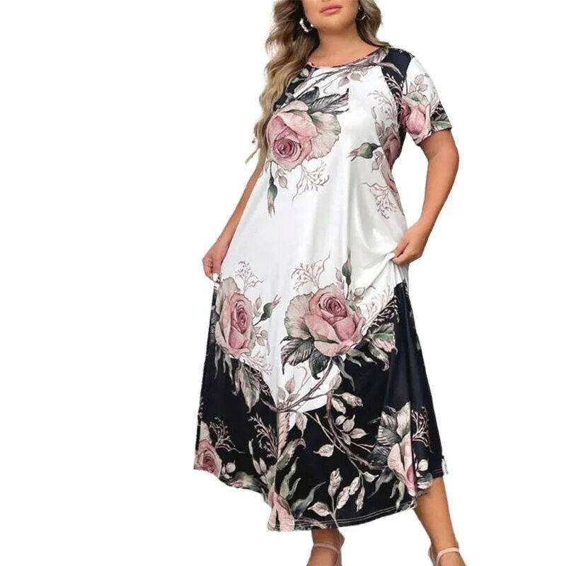 Plus Size Party Dress Women Spring Summer Short Sleeve Elegant Fashion Printing