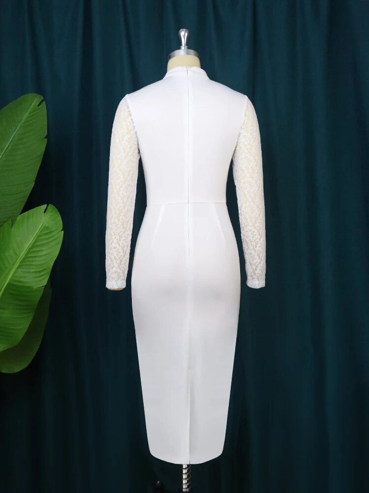 Thumbnail: Plus Size 4XL White Bodycon Lace Dress Women High Neck See Through Midi Robes D