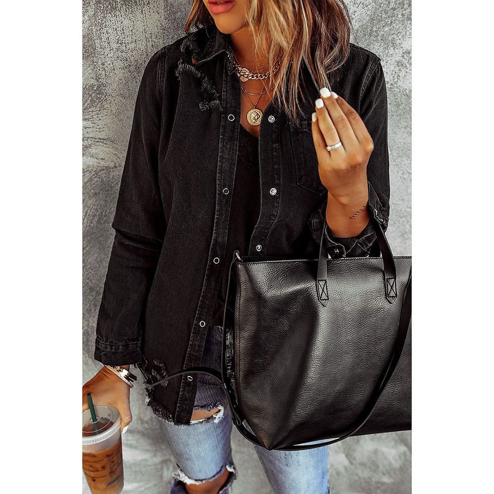 Thumbnail: Black Ripped Shirt Denim Long Sleeve Coat Jacket Women