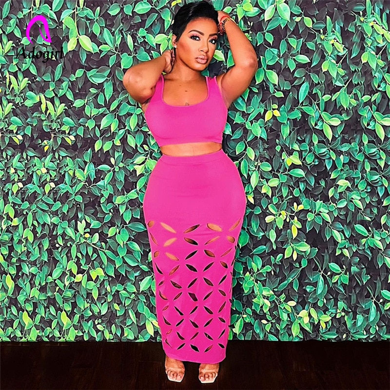 Hollow Out Solid 2 Piece Dress Sets Women Sexy Tanks Crop Tops Hook High Waist