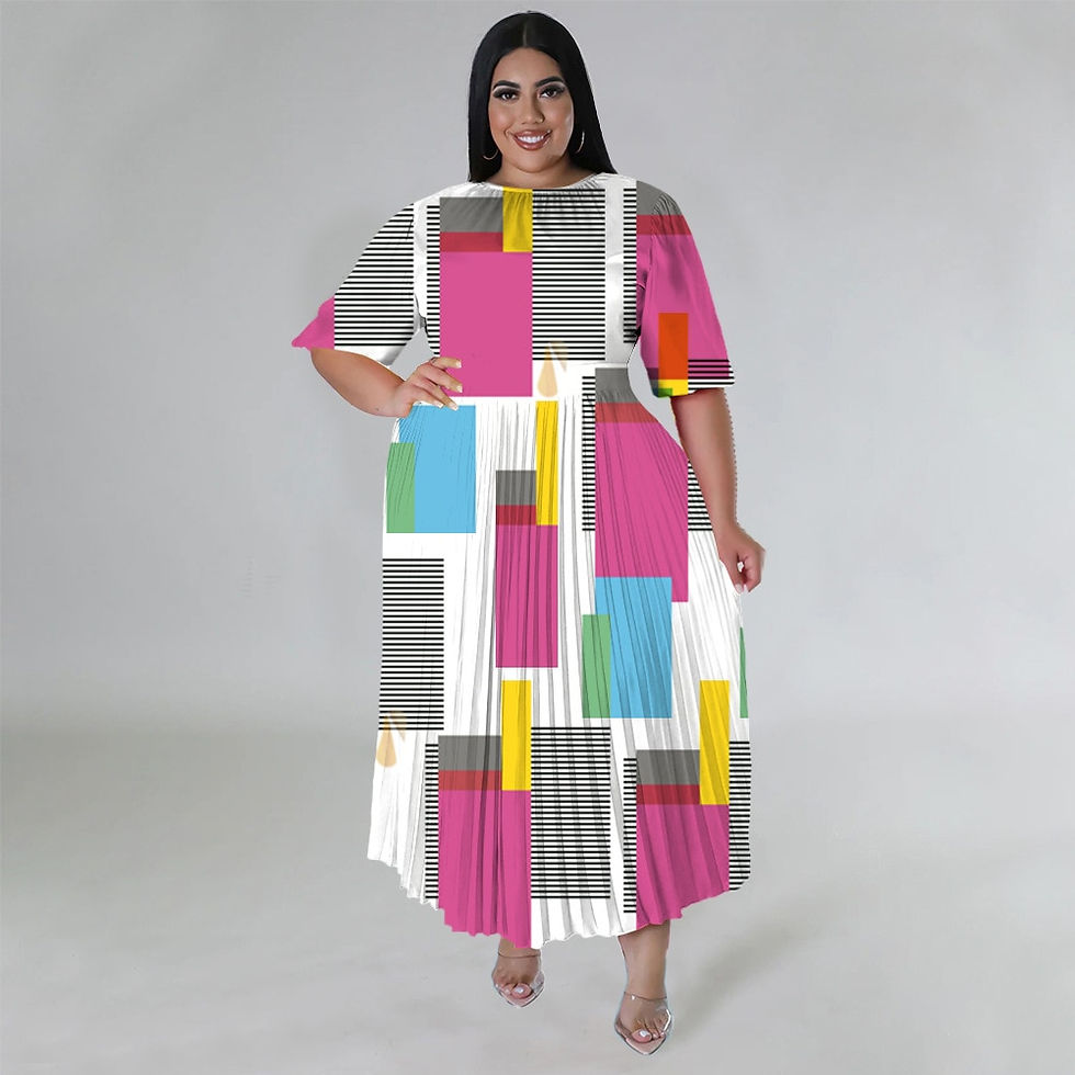 Thumbnail: Perl Plus Size Printed Pleated Maxi Dress for Women Round Neck Short Sleeve A-l