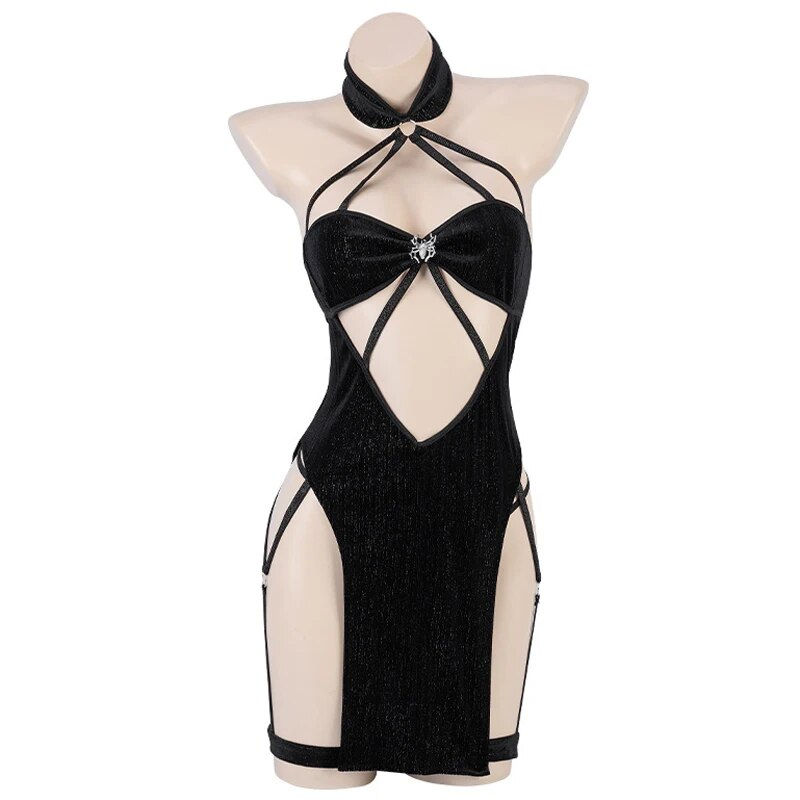 Thumbnail: Halloween 2023 Spider Halter Straps Dress Unifrom Women Backless Hollow Cheongs
