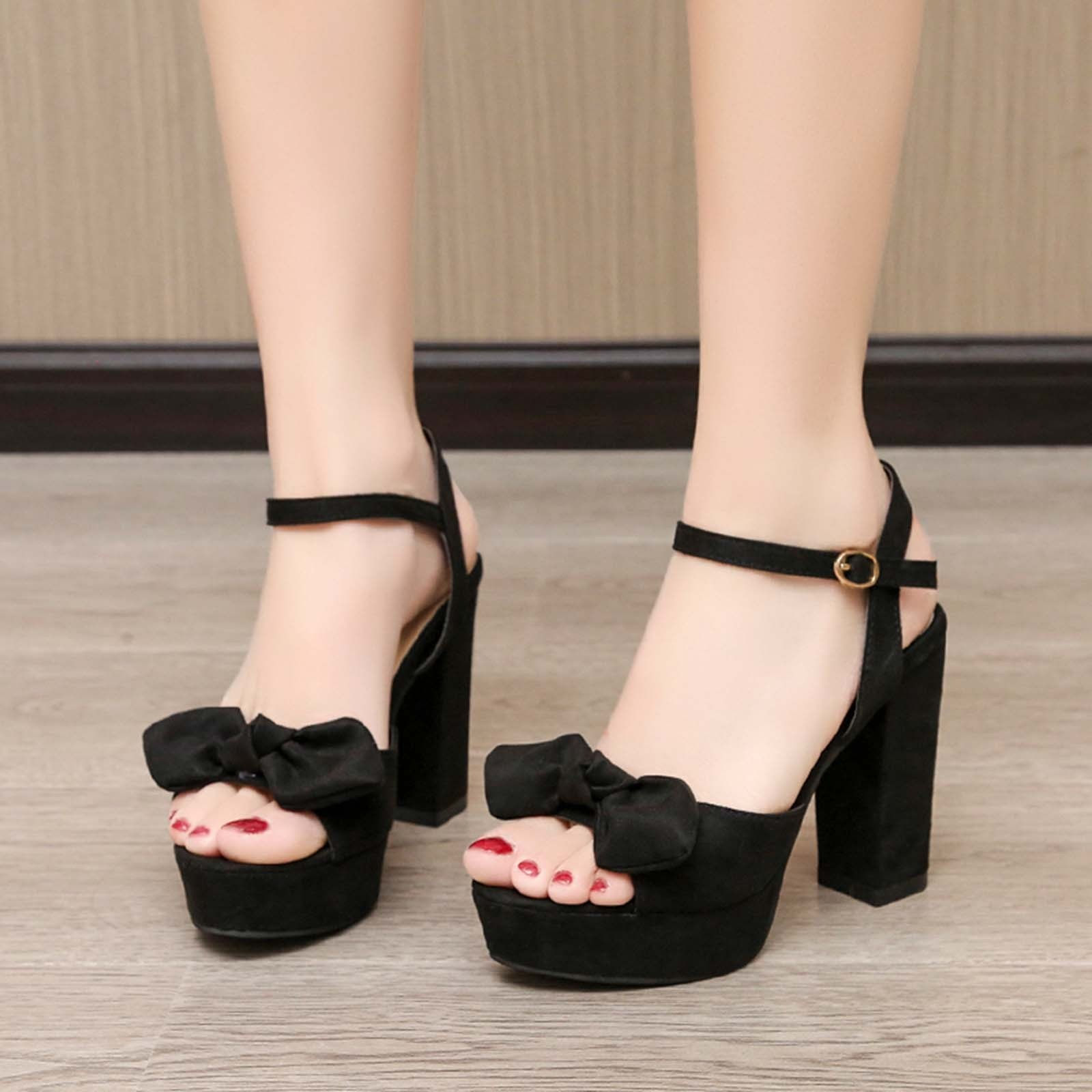 Summer Women High Heels Buckle Band Fish Mouth Bow Thick Heel High Heel Pumps S