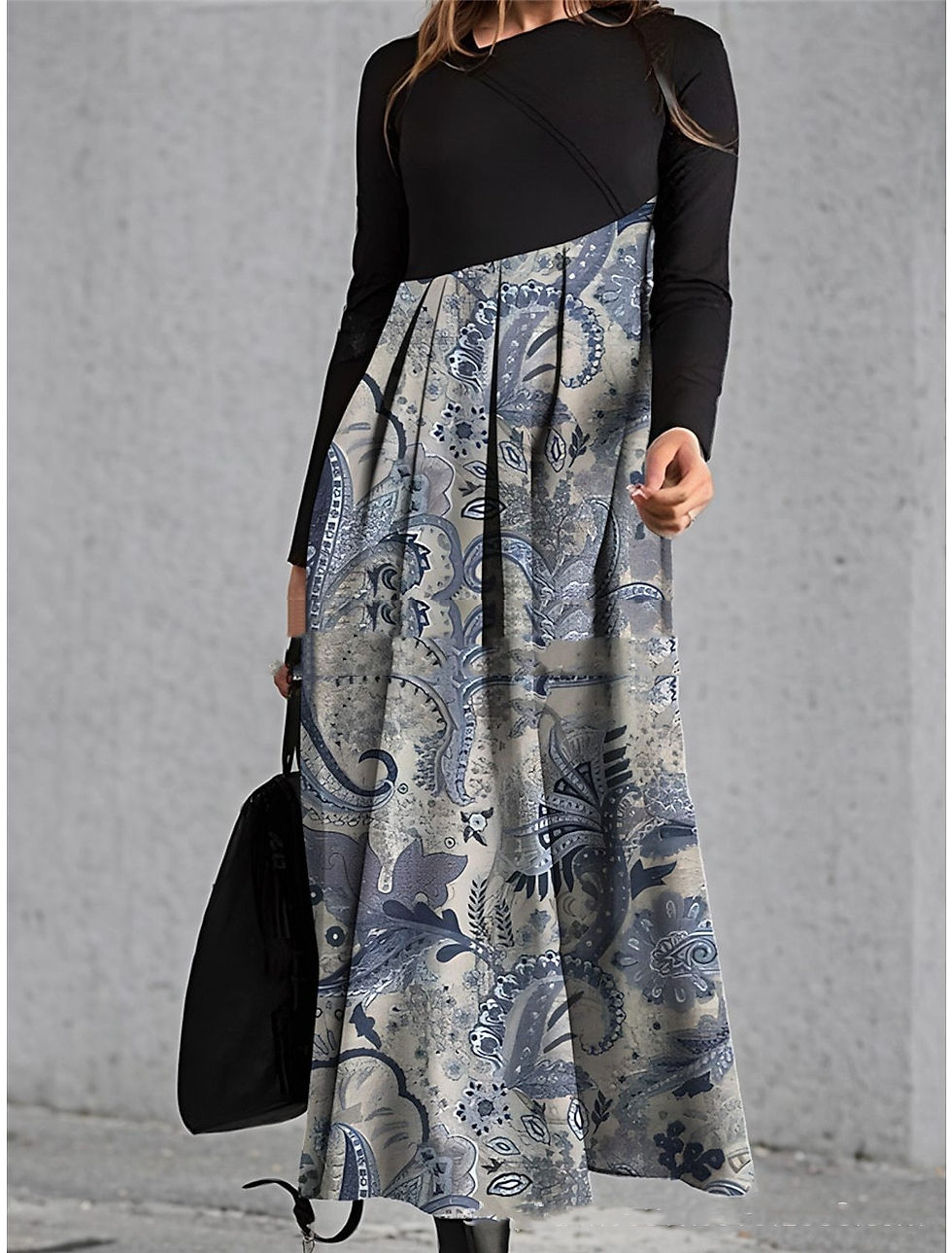 Thumbnail: Diagonal Collar Stitching Printing Diagonal Collar Long Dress