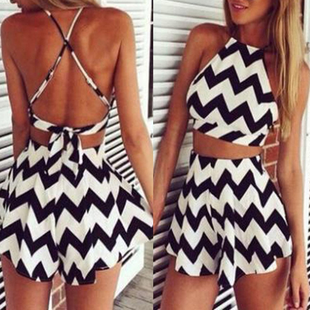 2023 New Fashion Women Pant Sets Wavy Stripes Sleeveless Backless Casual Dress