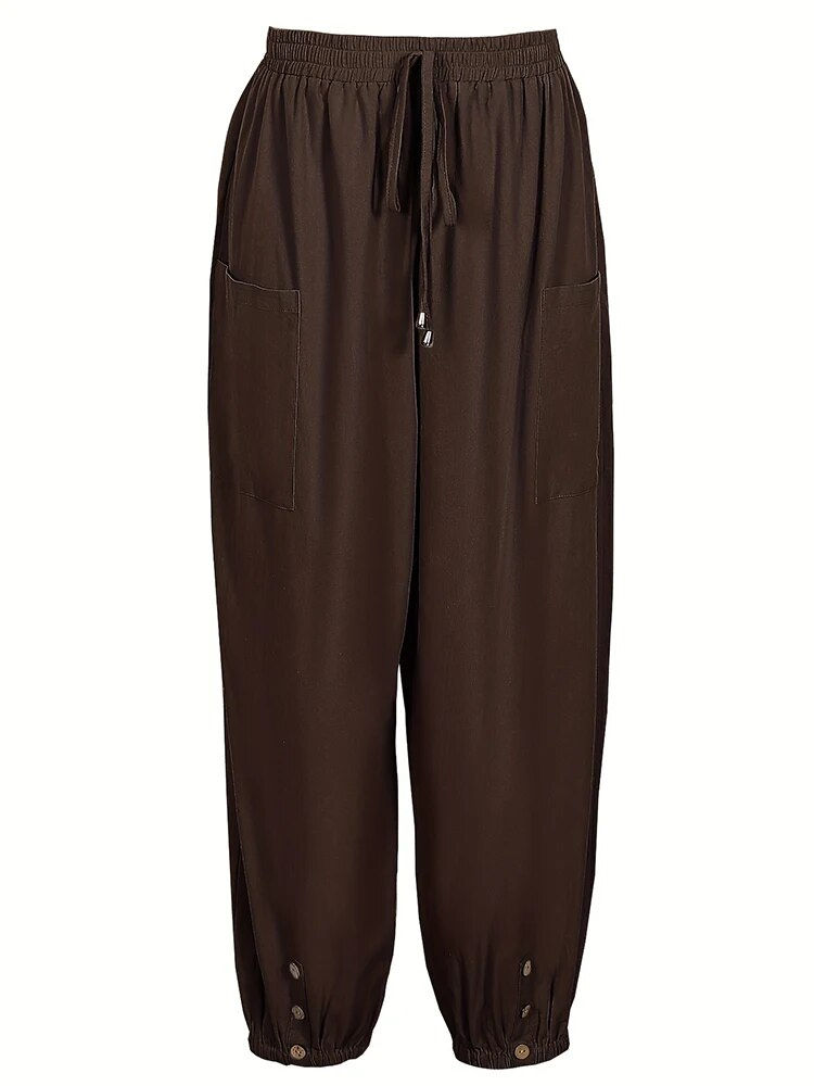 Thumbnail: Women Cotton Linen Pants with Button Overall Wide Leg Trousers Plus Size 5XL Ca
