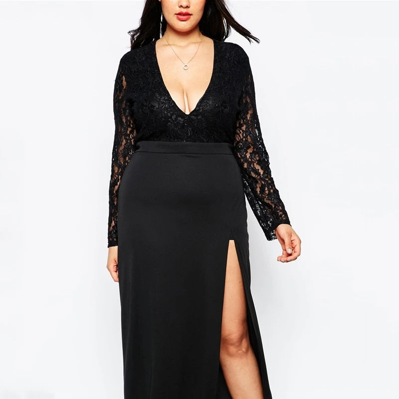 Plus Size Maxi Spring Autumn Lace Party Dress Sexy V-neck Long Sleeve Evening N