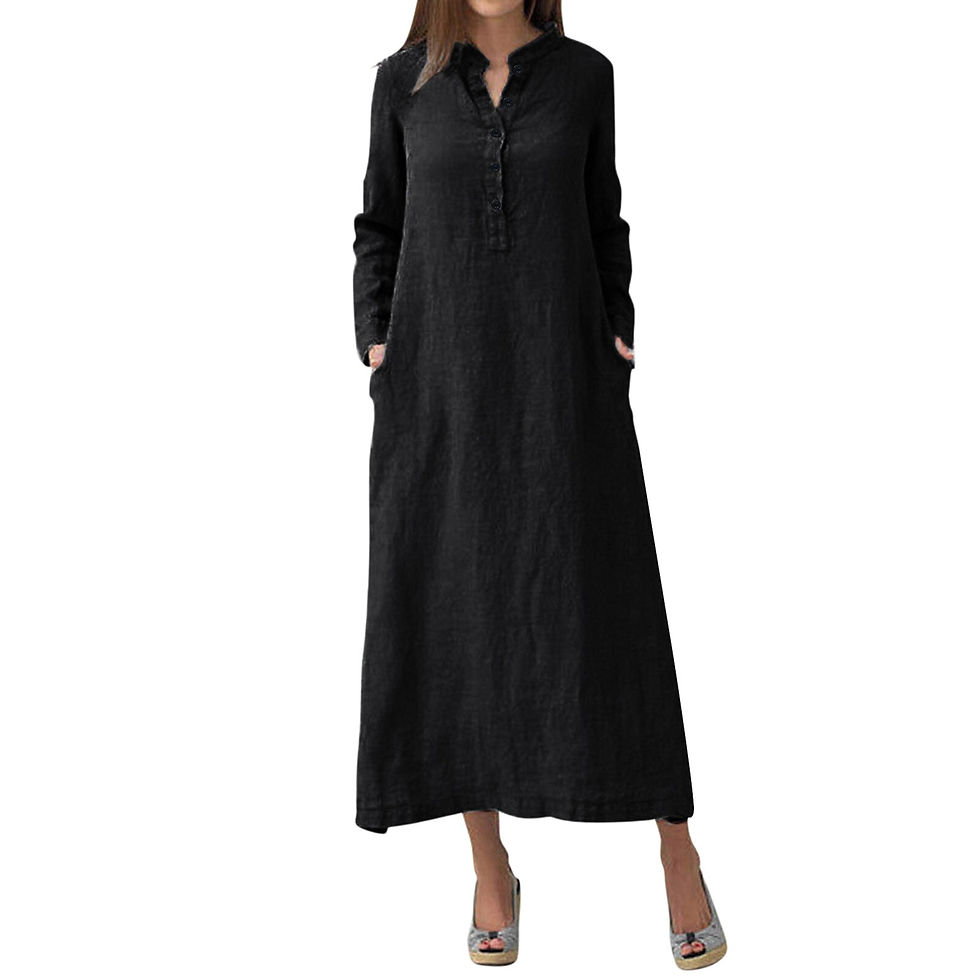 Thumbnail: New Cotton Linen Long Sleeve Casual Dress Women Loose V Neck Pockets Beach