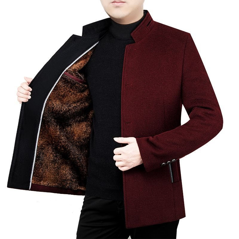 縮圖：Middle-aged Men's Woolen Coat Velvet Stand Collar Dad Wear Autumn And Winter Fl