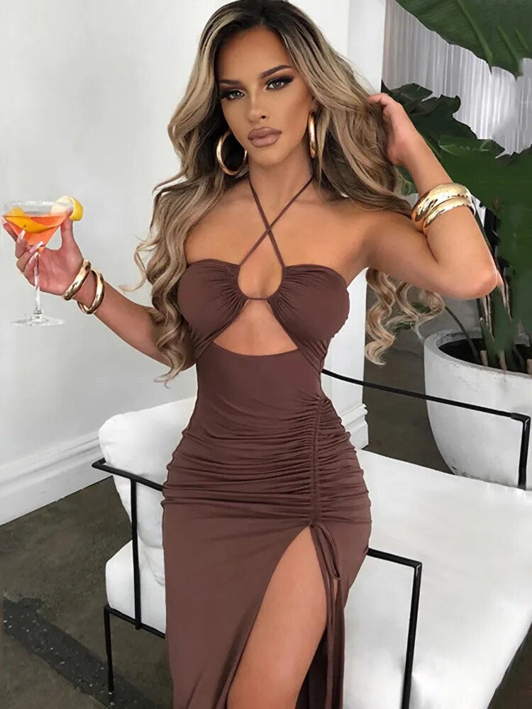 Thumbnail: Fantoye Hollow Out Drawstring Dress Women Sleeveless Backless High Split Elegan